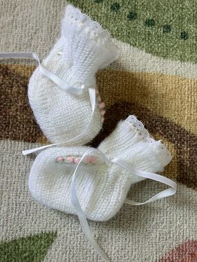 Vintage White Knit Baby Booties with Pink Embroidered Flowers